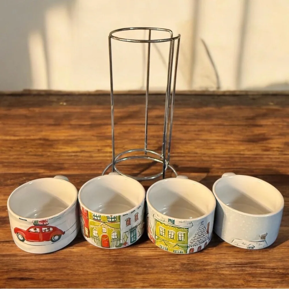 Pier 1 Set 4 Stacking Mug Coffee Cocoa Winter Holiday Christmas Stoneware Snow